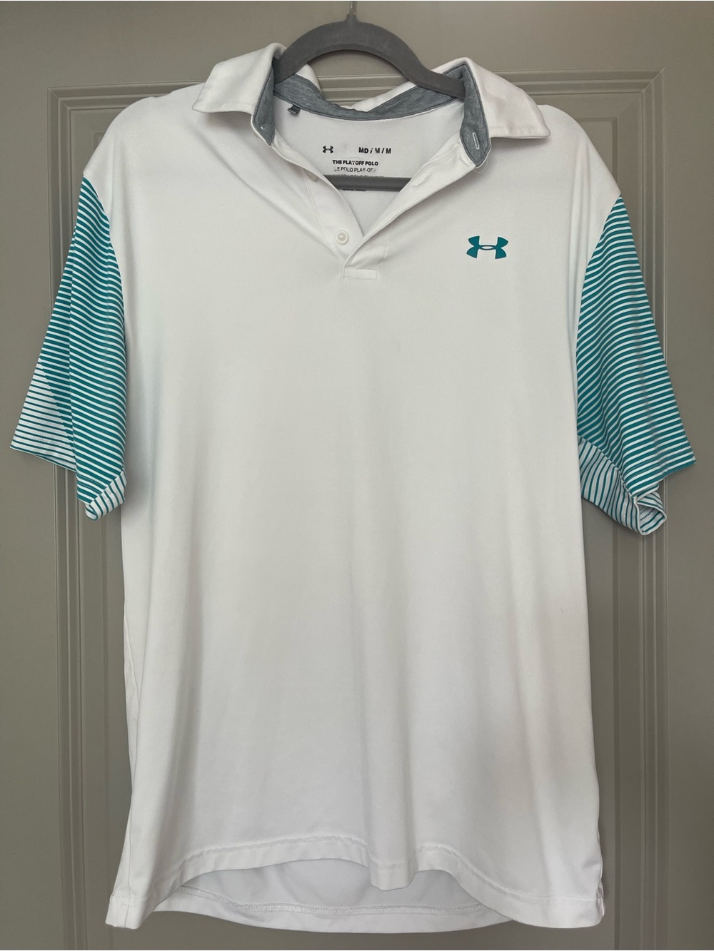 Under Armour Men’s White Polo with Teal Stripe Sleeves